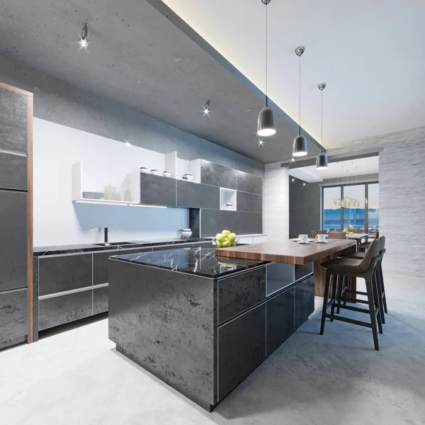Moderne Keuken Lange Keukeneiland Met Een Houten Bovenkant Van Bar — Stockfoto