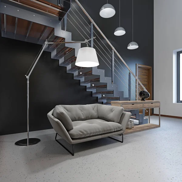 Comfortable Modern Sofa Lobby Stairs Second Floor Rendering — Stock Photo, Image