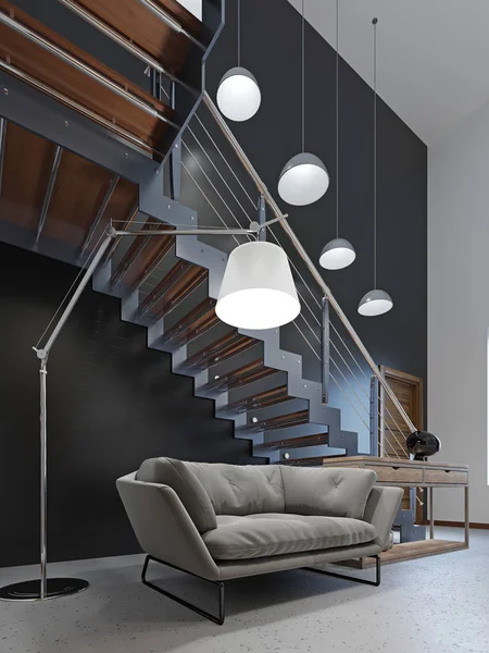 Cómodo Sofá Moderno Vestíbulo Cerca Las Escaleras Segundo Piso Renderizado —  Fotos de Stock