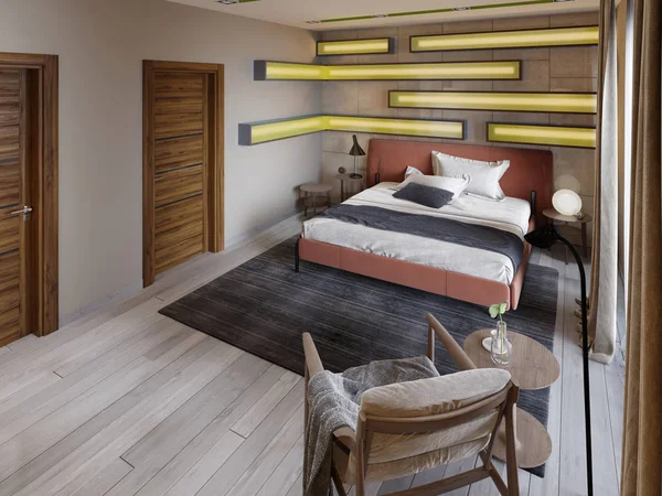 Moderne Mehrfarbige Schlafzimmer Mit Regalen Der Wand Mit Grüner Beleuchtung — Stockfoto