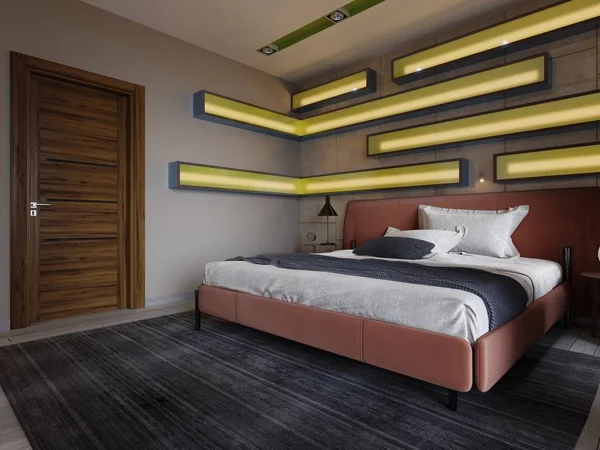 Modern multi-colored bedroom with shelves on the wall with green lighting under the frosted glass, leather bed in red with bedside tables. 3d rendering