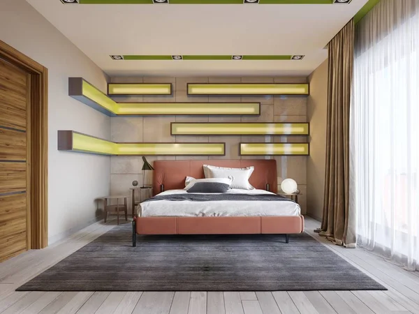 Modern multi-colored bedroom with shelves on the wall with green lighting under the frosted glass, leather bed in red with bedside tables. 3d rendering