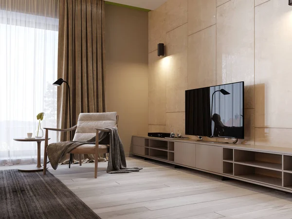 Modern TV stand with shelves and a TV over on the wall of glossy panenley beige color. Bedroom with an armchair and TV stand. 3d rendering
