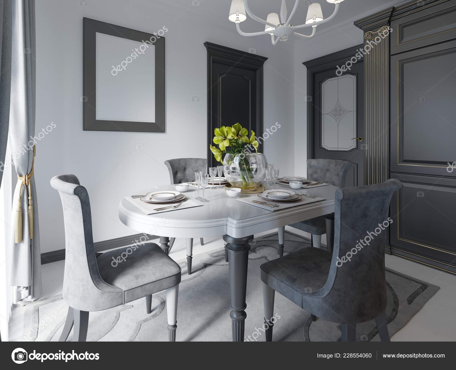 Luxury Black Dining Room Dark Furniture White Marble Floor