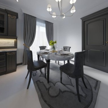 Ahşap masa renk siyah parlak. Tablo koyu ahşap Klasik tarzı yaptı. Siyah tablo ve tekstil ile kaplı dört ahşap sandalye oluşan klasik mutfak Süiti. Katı tarzında koyu renklerde iç. 3D render