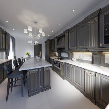 Klasik tarzı mutfak ve yemek odası iç siyah ve beyaz renklerde, 3d render