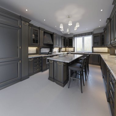 Klasik tarzı mutfak ve yemek odası iç siyah ve beyaz renklerde, 3d render