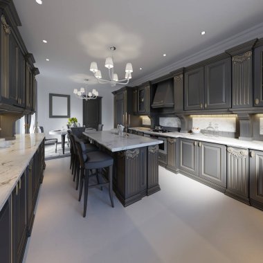 Klasik tarzı mutfak ve yemek odası iç siyah ve beyaz renklerde, 3d render