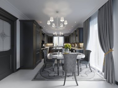 Ahşap masa renk siyah parlak. Tablo koyu ahşap Klasik tarzı yaptı. Siyah tablo ve tekstil ile kaplı dört ahşap sandalye oluşan klasik mutfak Süiti. Katı tarzında koyu renklerde iç. 3D render