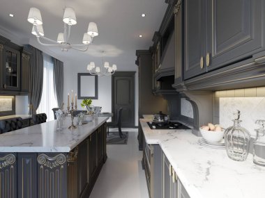 Klasik mutfak, ahşap detayları, 3d render ile en az modern iç mekan tasarımları