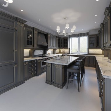 Klasik mutfak, ahşap detayları, 3d render ile en az modern iç mekan tasarımları