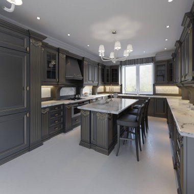 Classic kitchen, modern minimal interior design with wooden details, 3d rendering clipart
