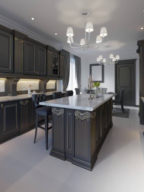 Lüks ev Adası, Kolye Işıklar, dolapları ve kendini Tesviye Zemin güzel mutfakta. mermer backsplash, zarif özellikleri. 3D render