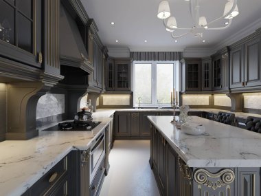 Modern İngilizce klasik tarzı mutfak iç tasarım karanlık mobilya, kasvetli cepheler ve mermer tezgah. 3D render