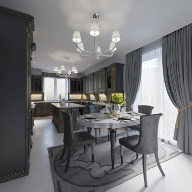 Arka plan beyaz duvar, siyah Mobilya Klasik stilleri yemek masası. 3D render