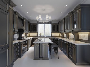 Modern İngilizce klasik tarzı mutfak iç tasarım karanlık mobilya, kasvetli cepheler ve mermer tezgah. 3D render