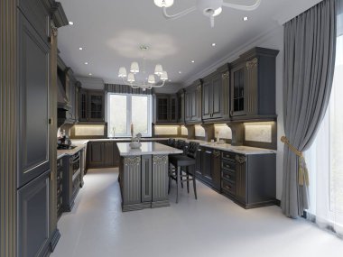 Klasik tarzı modern koyu ahşap mutfak. 3D render