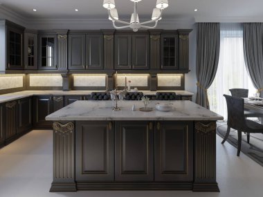 Lüks ev Adası, Kolye Işıklar, dolapları ve kendini Tesviye Zemin güzel mutfakta. mermer backsplash, zarif özellikleri. 3D render