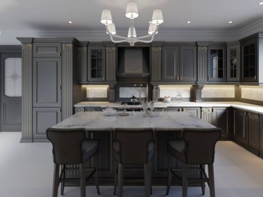 Lüks ev Adası, Kolye Işıklar, dolapları ve kendini Tesviye Zemin güzel mutfakta. mermer backsplash, zarif özellikleri. 3D render