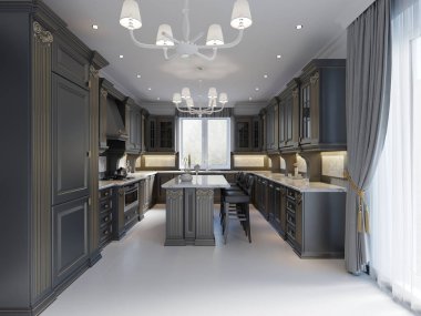 Klasik tarzı modern koyu ahşap mutfak. 3D render