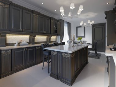 Siyah dolapları ve beyaz mermer tezgah ve zemin ile modern klasik mutfak tasarımı. 3D render.