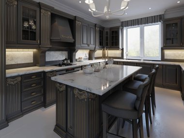 Siyah bar aydınlık oturma odası mutfak Island tabureler. 3D render