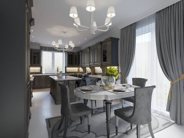 Siyah ve beyaz renklerde klasik tarzı modern yemek odası. 3D render
