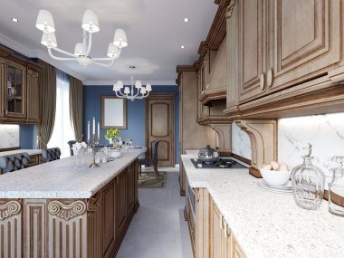 Klasik mutfak. İç tasarım fikirleri. Meşe ahşap doku. 3D render