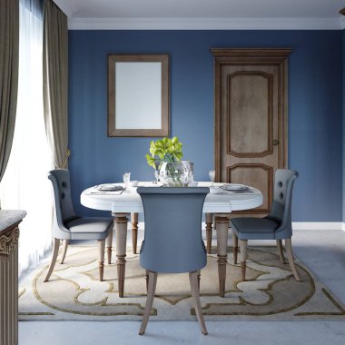 Yemek odası, mutfak kahverengi mobilya ve avizeler lüks klasik iç. 3D render