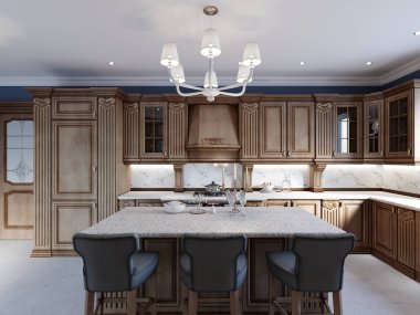 Kiraz mobilya mutfak ada ayrıntıları ve bar sandalyeler. 3D render