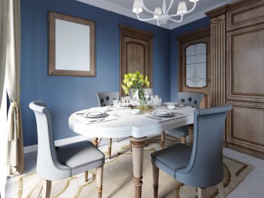 Dekorasyon ve mobilya tablo ile klasik yemek odası. 3D render