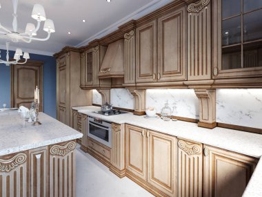 Klasik mutfak lüks meşe ahşap dolap ile ev içinde. 3D render