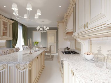 Mutfak iç ve yemek masası bej mobilya, 3d render ile klasik tarzda