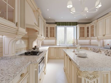 Bej ve ahşap unsurlar, 3d render ile klasik tasarım mutfak