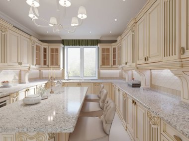 Bej ve ahşap unsurlar, 3d render ile klasik tasarım mutfak