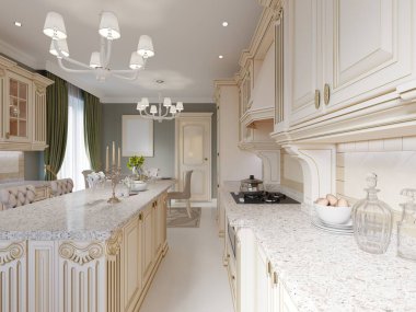 Bej ve ahşap unsurlar, 3d render ile klasik tasarım mutfak