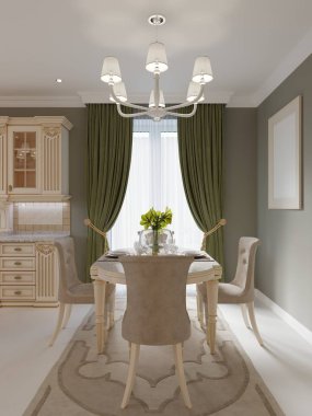 Geniş yemek odası iç ve mutfak, 3d render