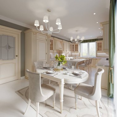 Yemek odası büyük ve rahat sandalyeler, 3d render ile