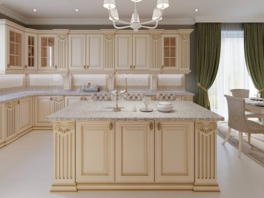 Lüks klasik tarzı mutfak mutfak ada. 3D render