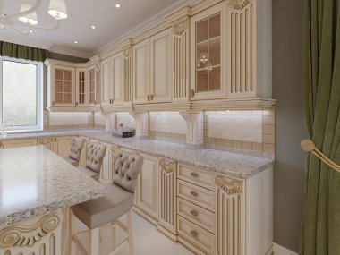 Tahta detaylar, bej lüks iç tasarım, 3d render ile klasik ahşap mutfak