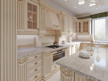 Tahta detaylar, bej lüks iç tasarım, 3d render ile klasik ahşap mutfak