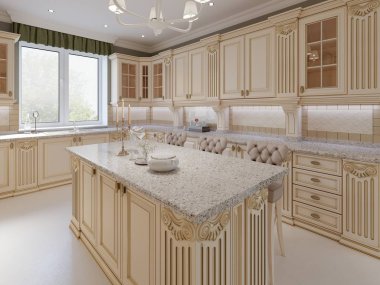 Lüks klasik tarzı mutfak mutfak ada. 3D render