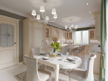 Parlak bej lüks yemek odası zarif klasik mobilyalar ve zeytin duvar ve perde, 3d render ile