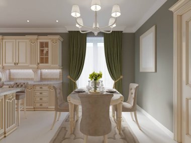 Dekorasyon ve mobilya klasik yemek odası, 3d render