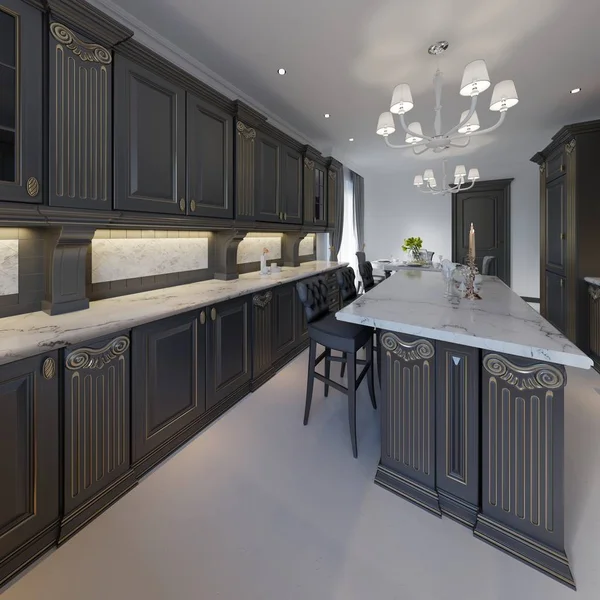 Classic style kitchen and dining room interior in black and white colors, 3d rendering