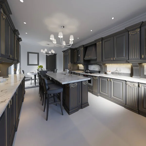 Klassischer Stil Küche Und Esszimmer Interieur Schwarz Weißen Farben Rendering — Stockfoto