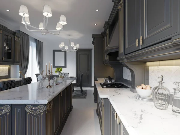 Современный Английский Классический Стиль Kitchen Interior Design Темным Фасадом Отбеленными — стоковое фото