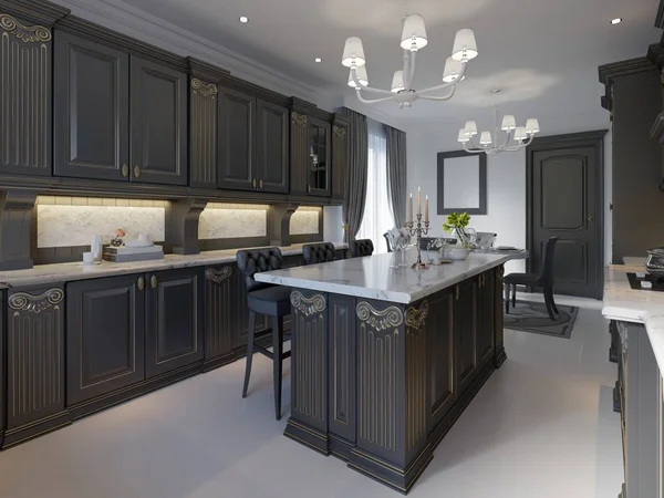 Современный Классический Дизайн Кухни Черными Шкафами Белым Мрамором Столешницы Пола — стоковое фото
