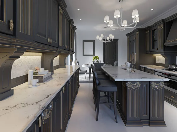 Modern Classic Kitchen Design Black Cabinets White Marble Worktop Floor — Stock Photo, Image