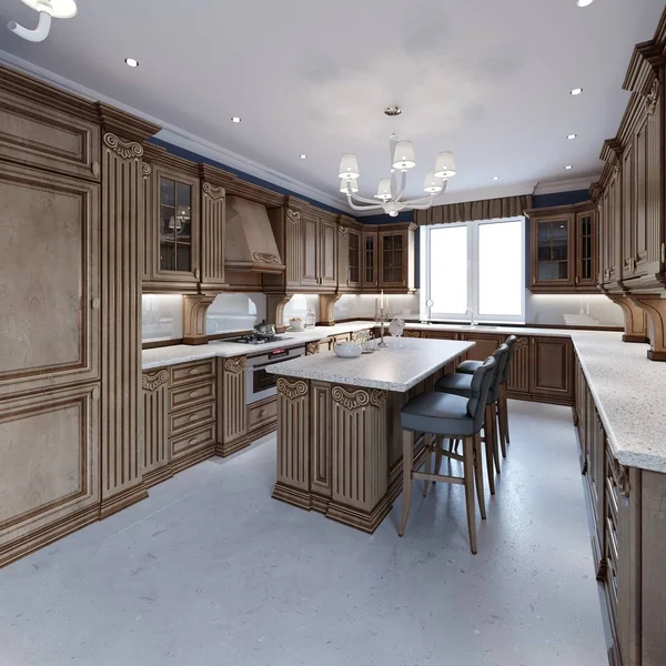 Classic kitchen. Interior design ideas. Oak wood texture. 3d rendering